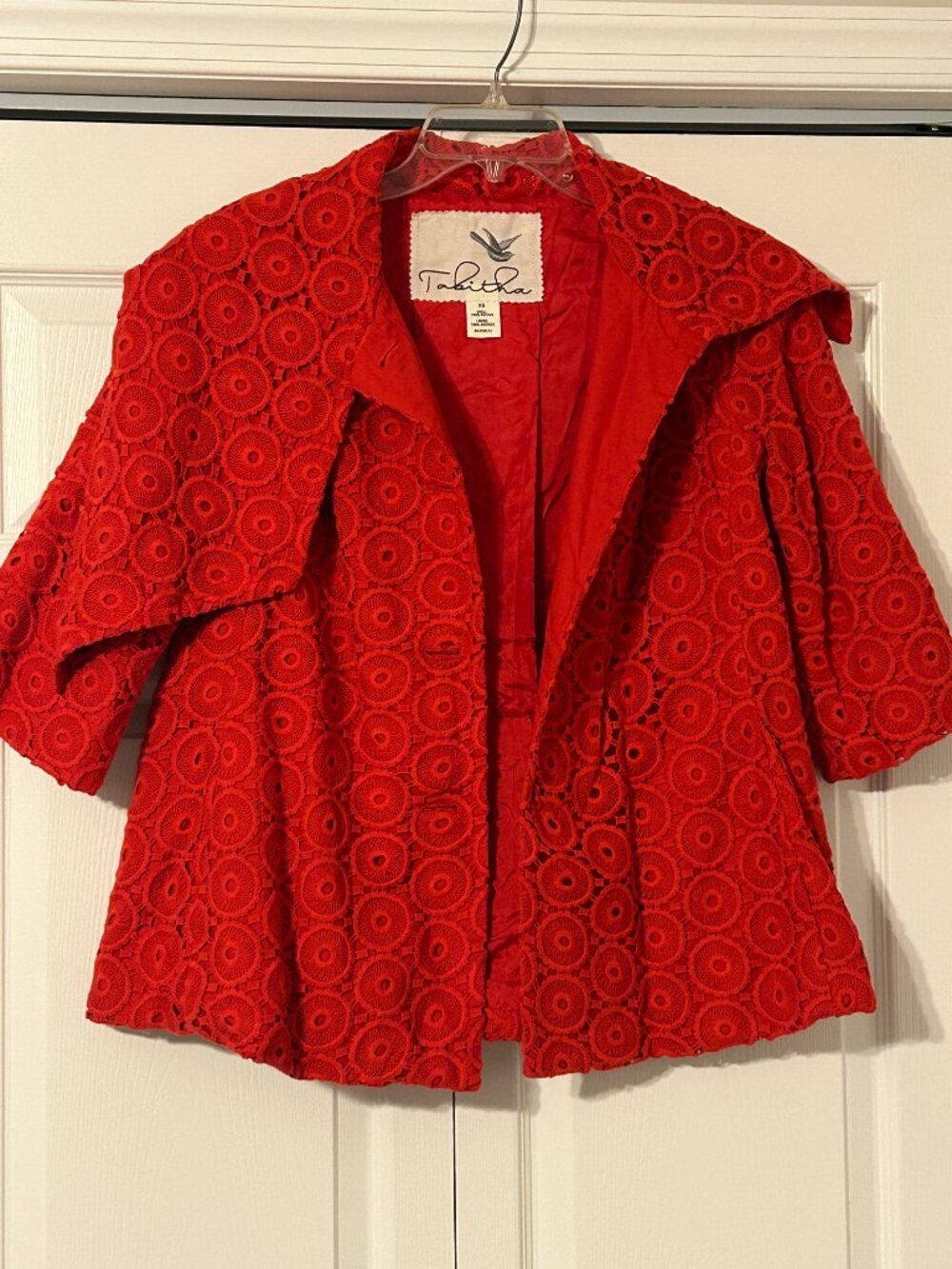 Anthropologie TABITHA Sz XS Red Eyelet Fully Lined 3/4 Sleeves Swing Jacket